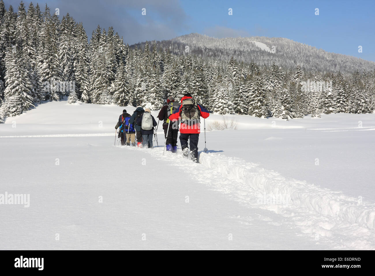 A line of snowshoers breaking a trail through deep snow in the hills near Sarajevo in Bosnia and Herzegovina Stock Photo