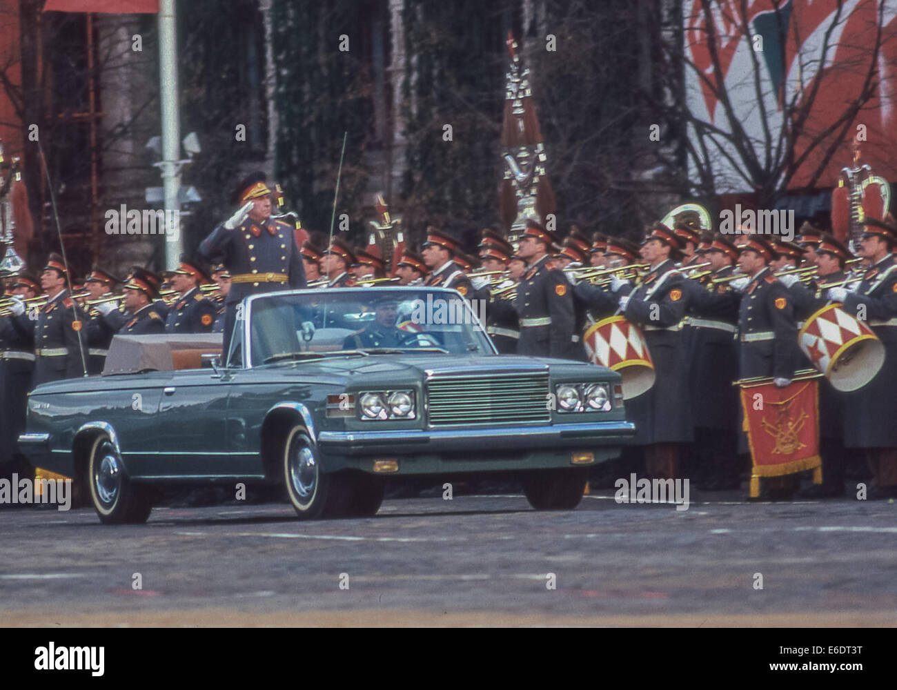 Moscow, Russia. 7th Nov, 1987. Soviet Defense Minister Dmitri T. Yazov salutes as he reviews military units, while being driven around Moscow's Red Square in an open ZIL limousine, before a massive parade began celebrating the 70th anniversary of the Bolshevik Revolution of 1917. © Arnold Drapkin/ZUMA Wire/Alamy Live News Stock Photo