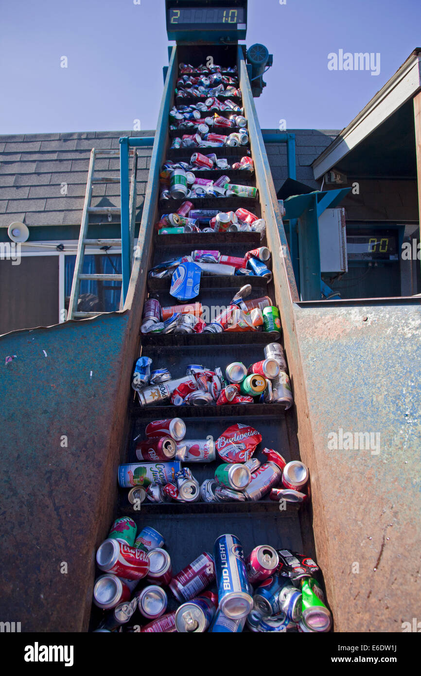 Aluminum cans on conveyer belt ready to be crushed. Recycling Center