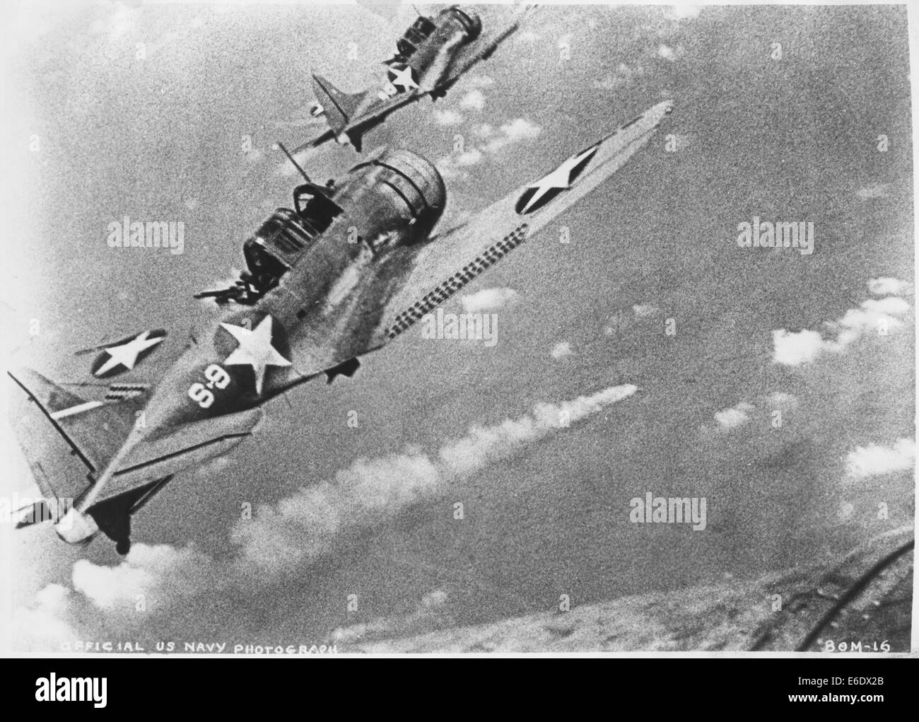 U.S. Douglas SBD-3 Dauntless Dive Bombers About to Attack Burning Japanese Cruiser Mikuma, June 6, 1942 Stock Photo