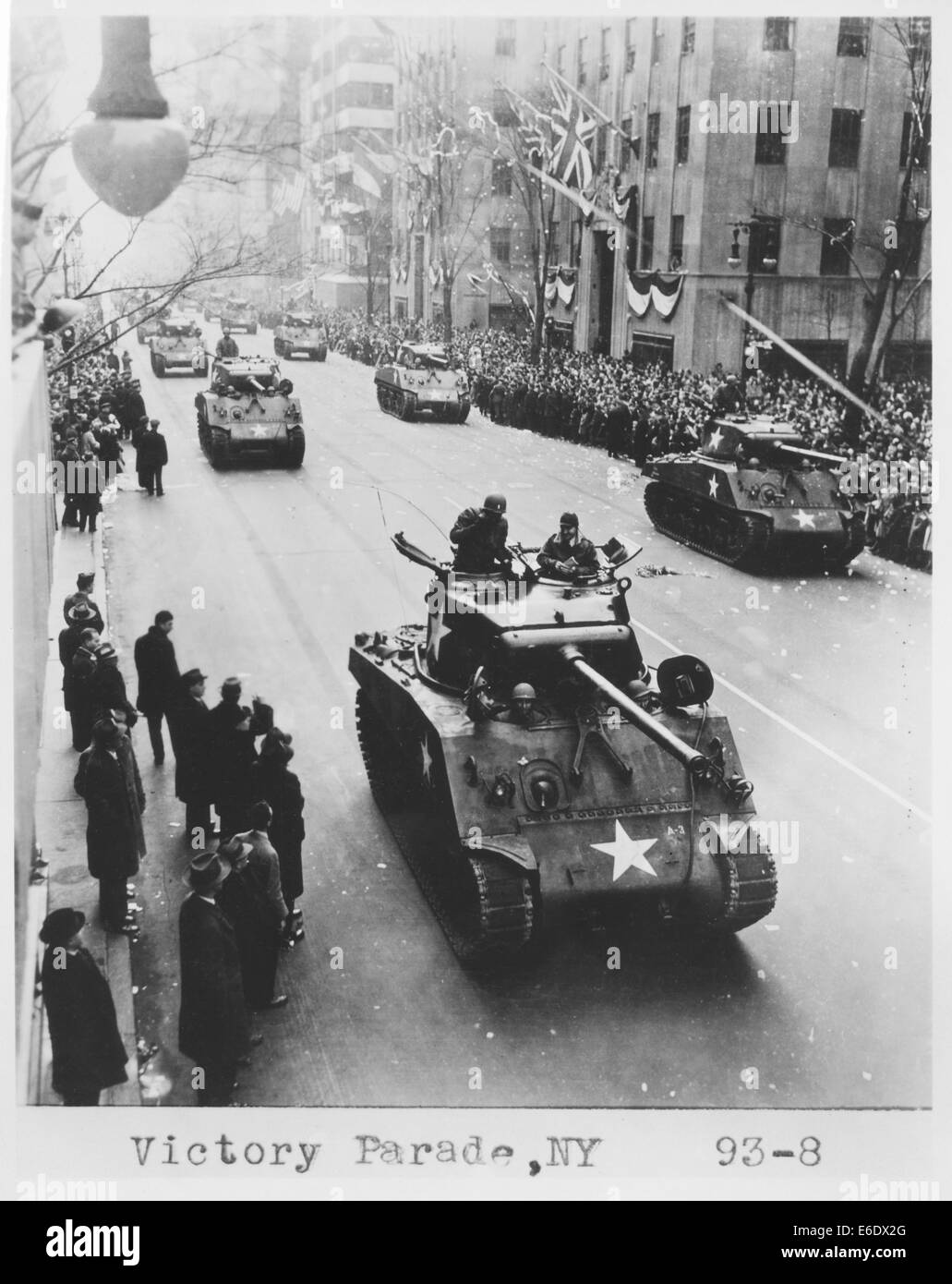 WWII Military Tanks on Fifth Avenue During Victory Parade, New York City, USA, 1946 Stock Photo