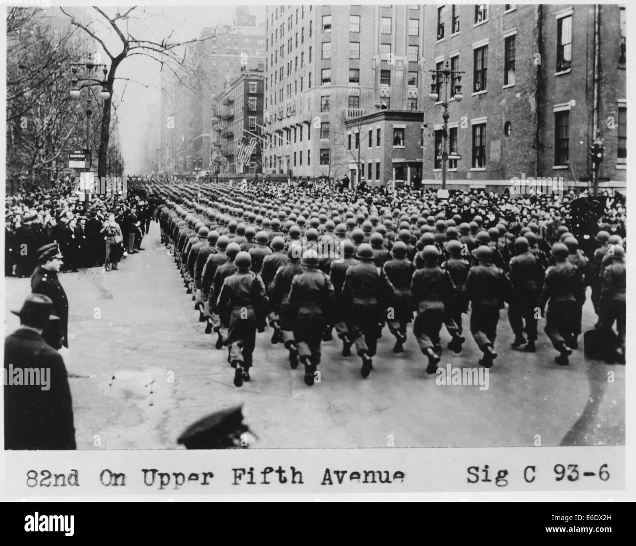 WWII Soldiers Marching in Victory Parade, Fifth Avenue, New York City, USA, 1946 Stock Photo