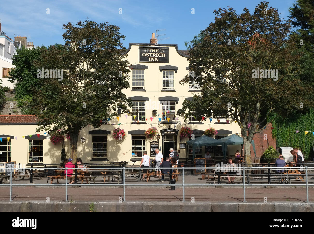 Well known Bristol historic pub, The Ostrich on the water front, a very poplar in summer with outside seating, August 2014 Stock Photo