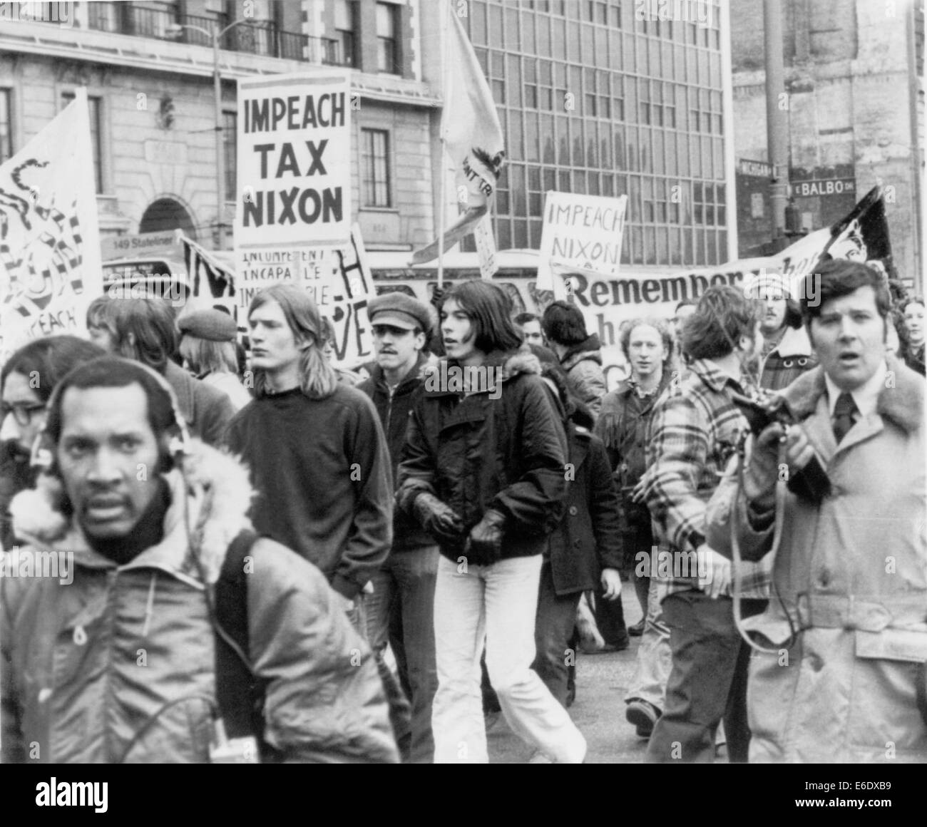Protesters Outside Hilton Hotel Where President Richard Nixon was Speaking, Chicago, Illinois, USA, 1974 Stock Photo