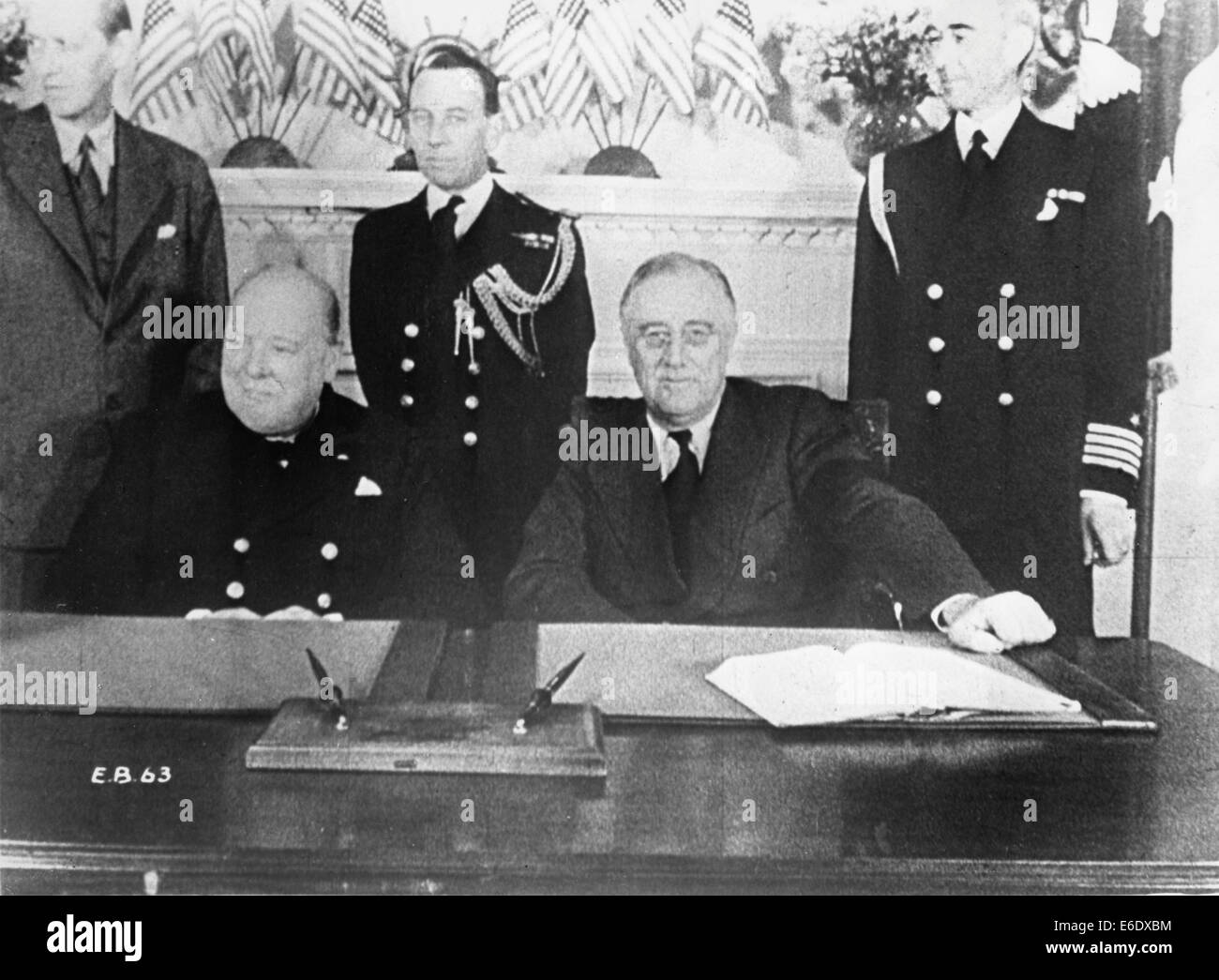 Prime Minister Winston Churchill (L) and President Franklin D. Roosevelt at Conference Table, White House, Washington, DC, Stock Photo