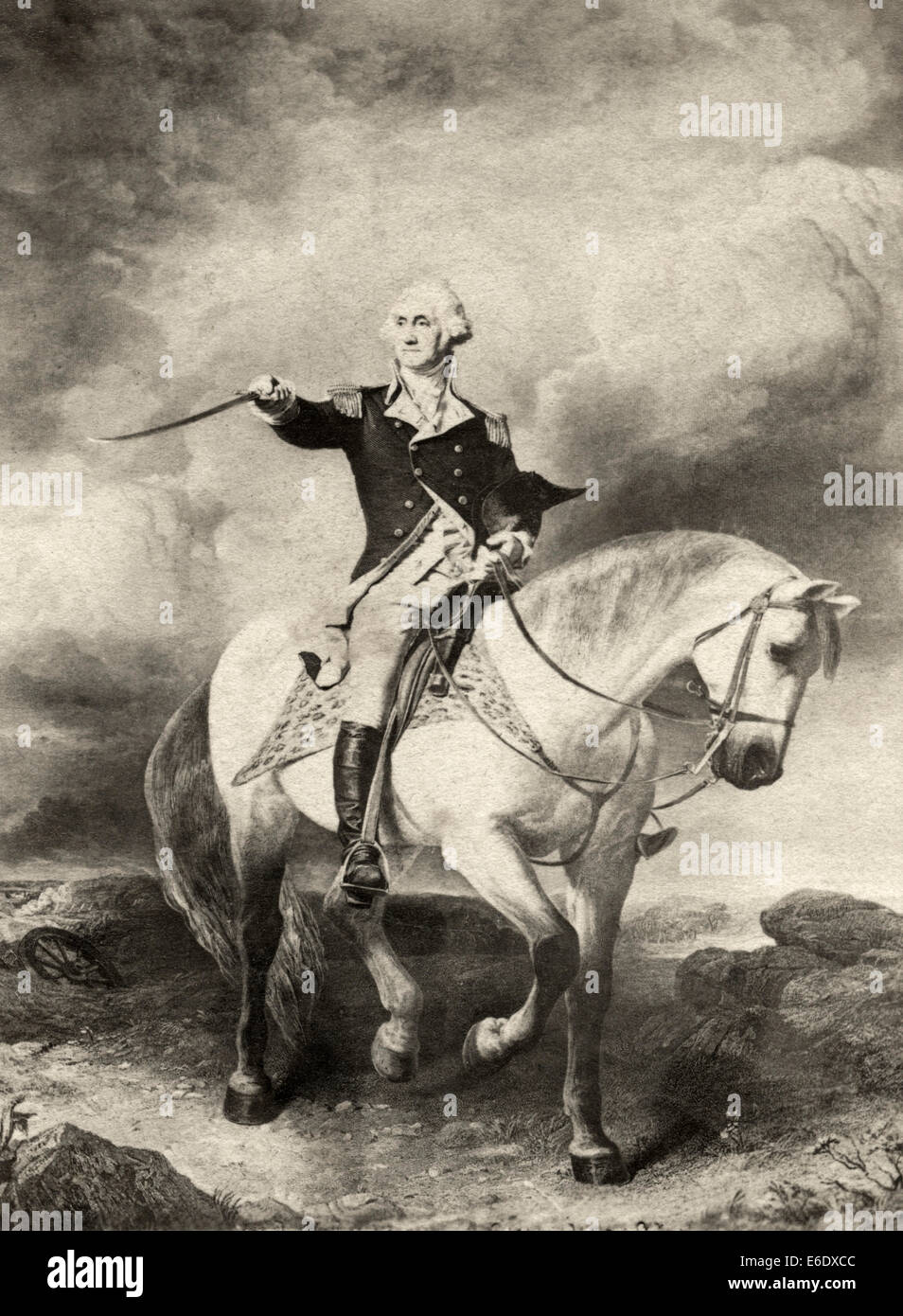 General George Washington on Horseback with Sword During Battle of Trenton 1776 , Engraving by William Holl circa 1860's Stock Photo