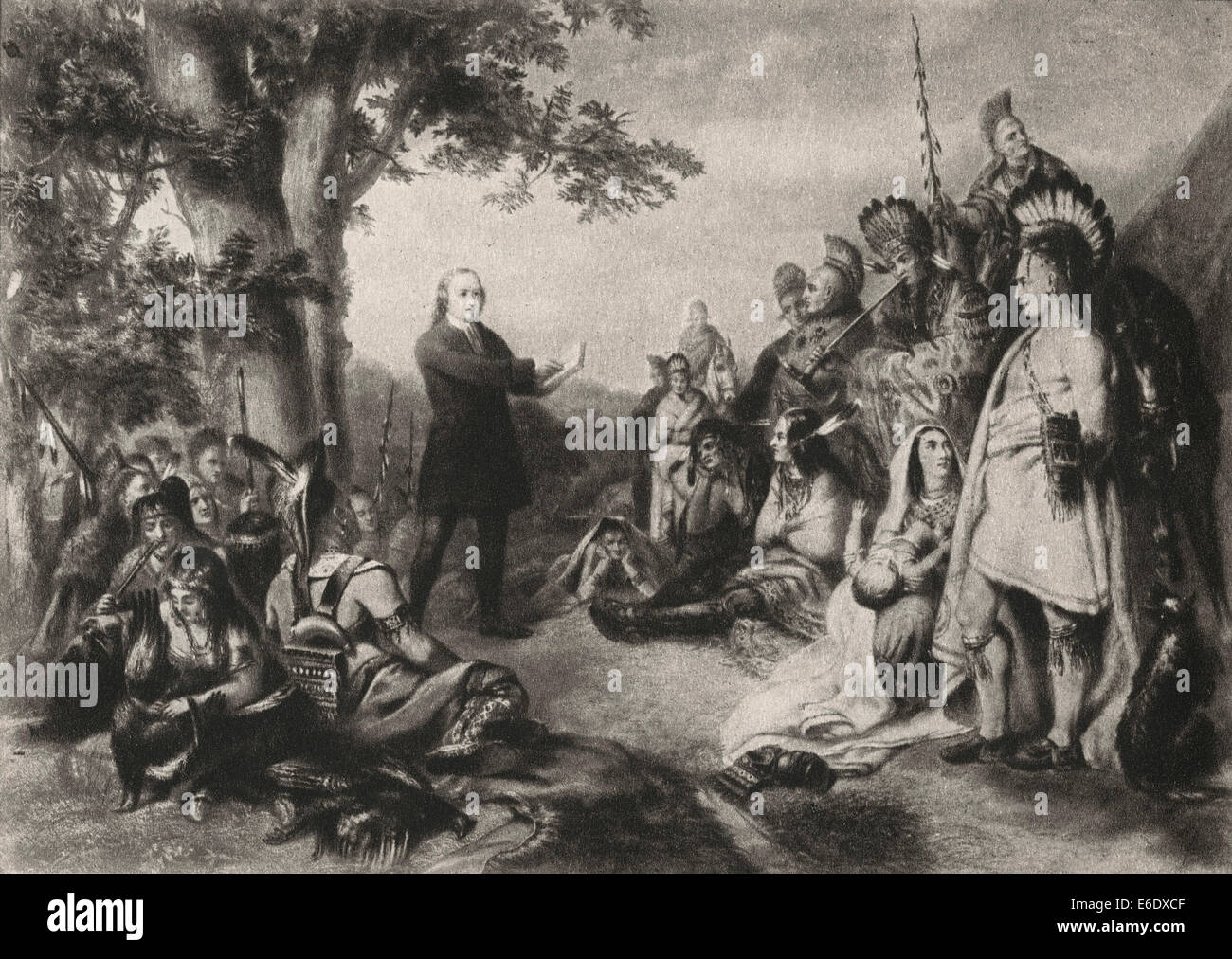 John Wesley Preaching to the Indians, Illustration Stock Photo