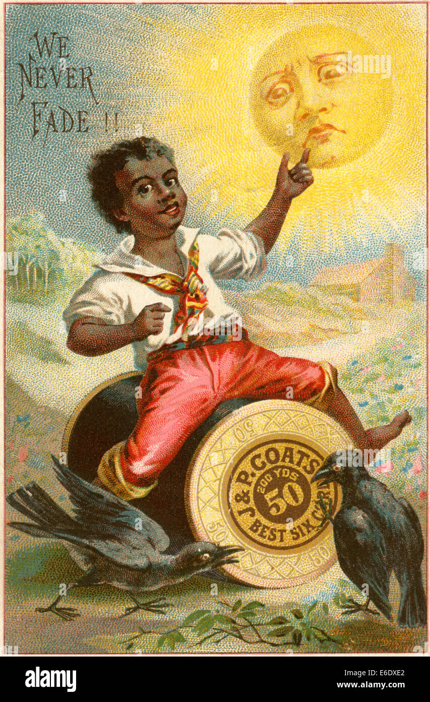 African-American Boy Sitting on Spool of Thread While Pointing to Frowning Sun, 'We Never Fade!!', J & P Coates Fast Black Stock Photo