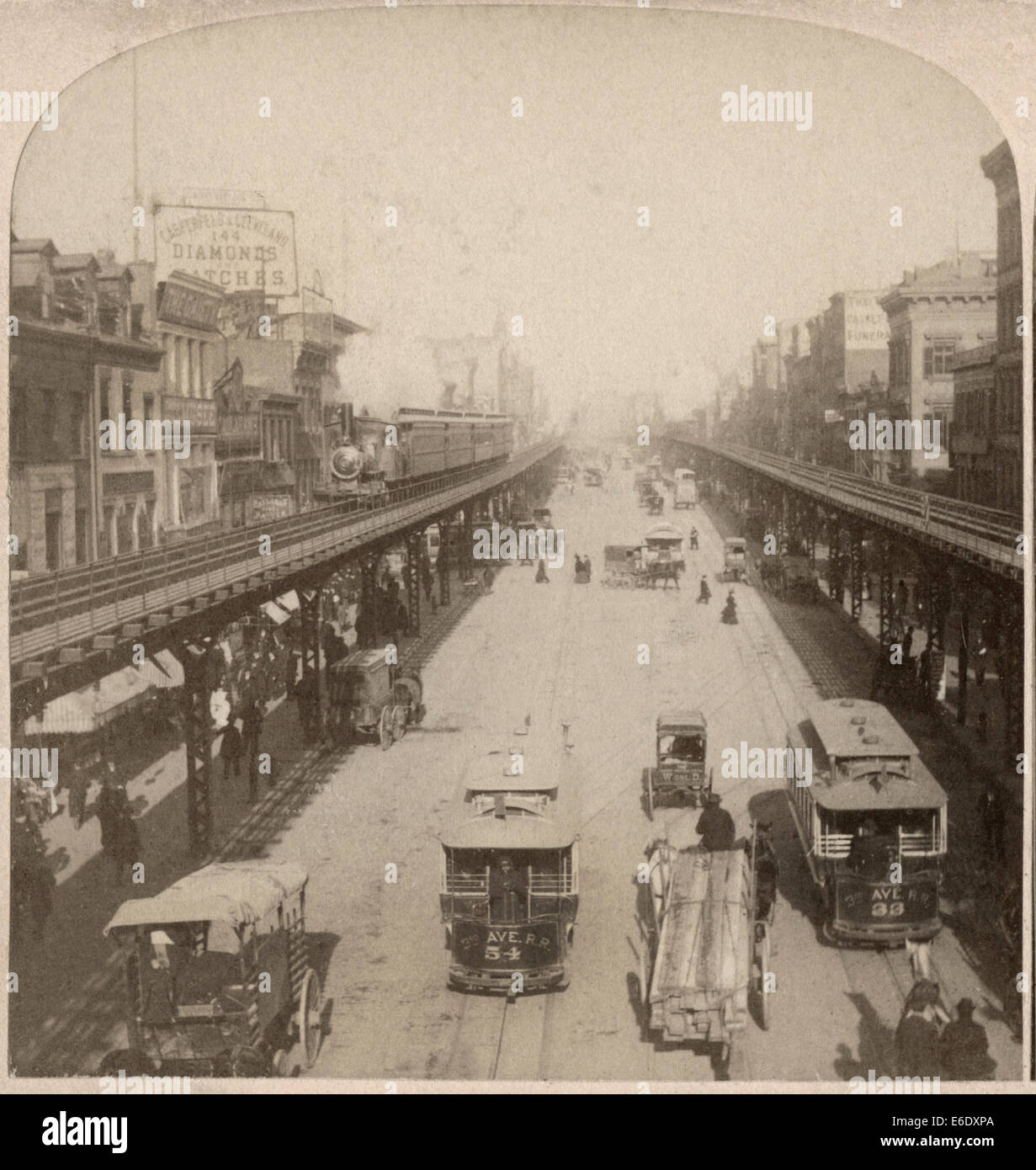 Street Scene, Bowery, New York City, USA,  'Along the Noted Bowery, New York USA', One Image of Stereo Card, 1896 Stock Photo