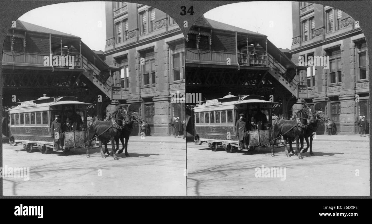 Streetcar Drawn by Two Horses, Broadway, New York City, USA, Stereo