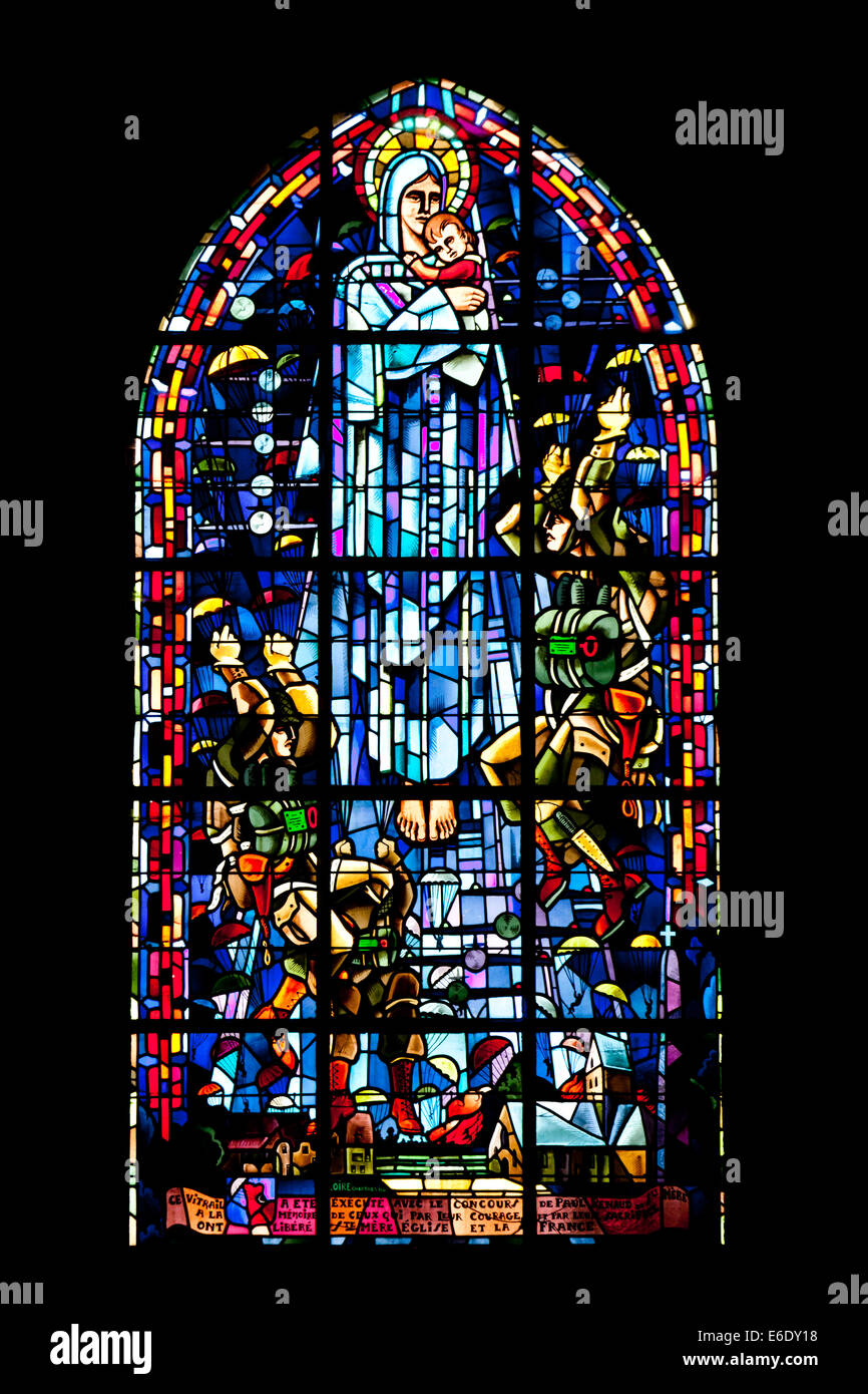 Stained glass window in the church at St Mere Eglise in Normandy