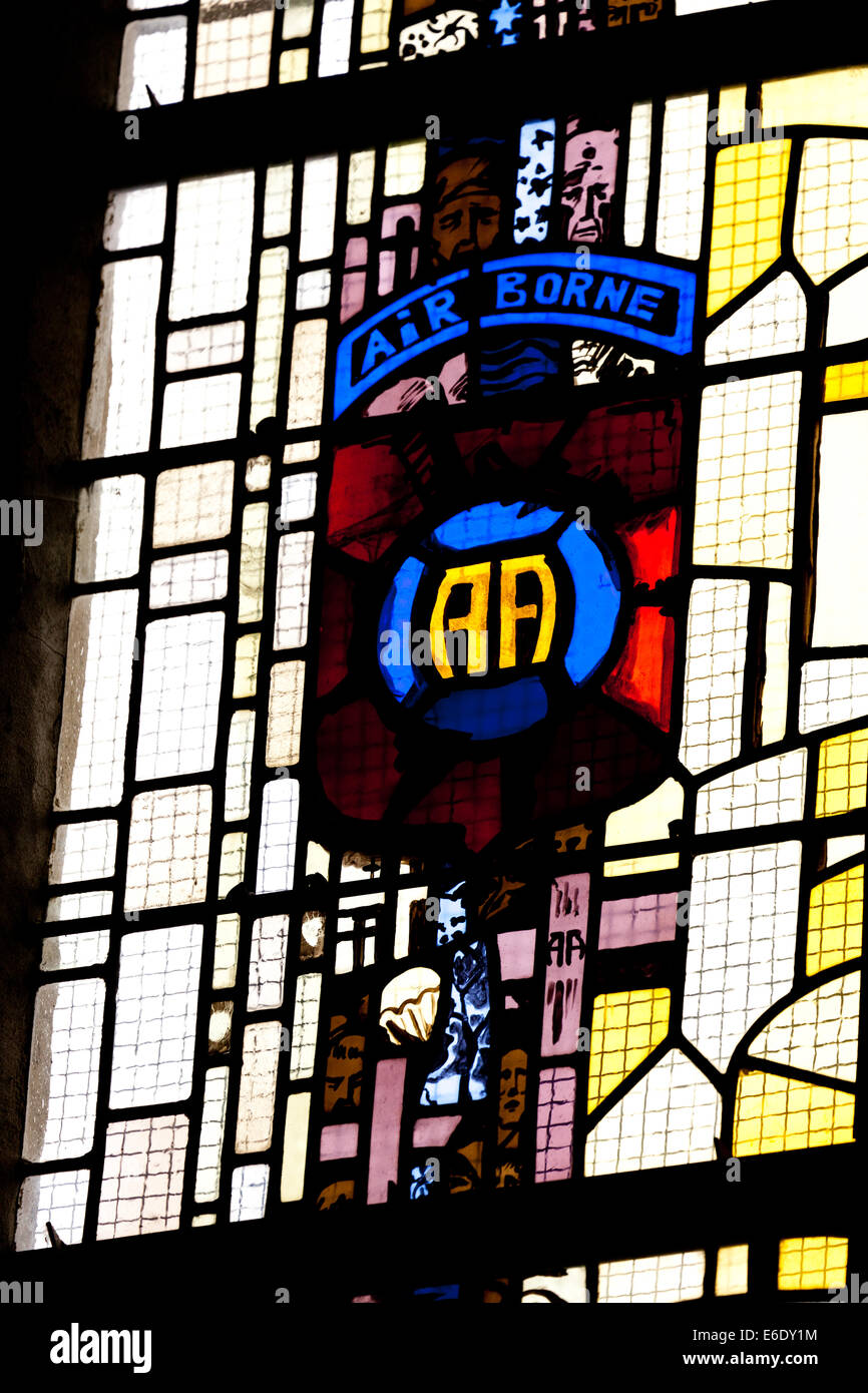 Stained glass window in the church at St Mere Eglise in Normandy