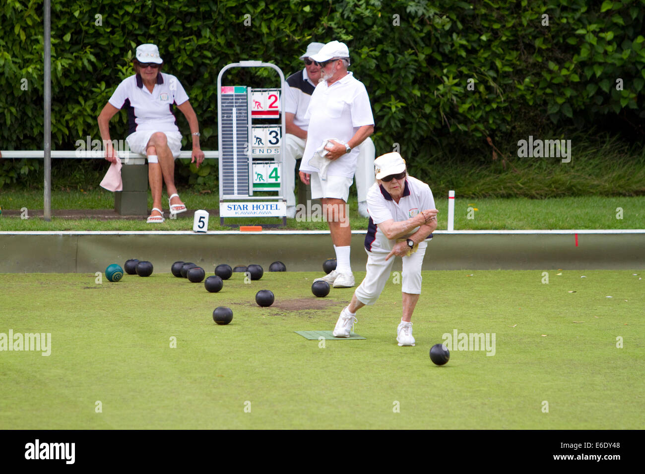 Lawn bowling at Waitangi in the Bay of Islands, North Island, New Zealand. Stock Photo