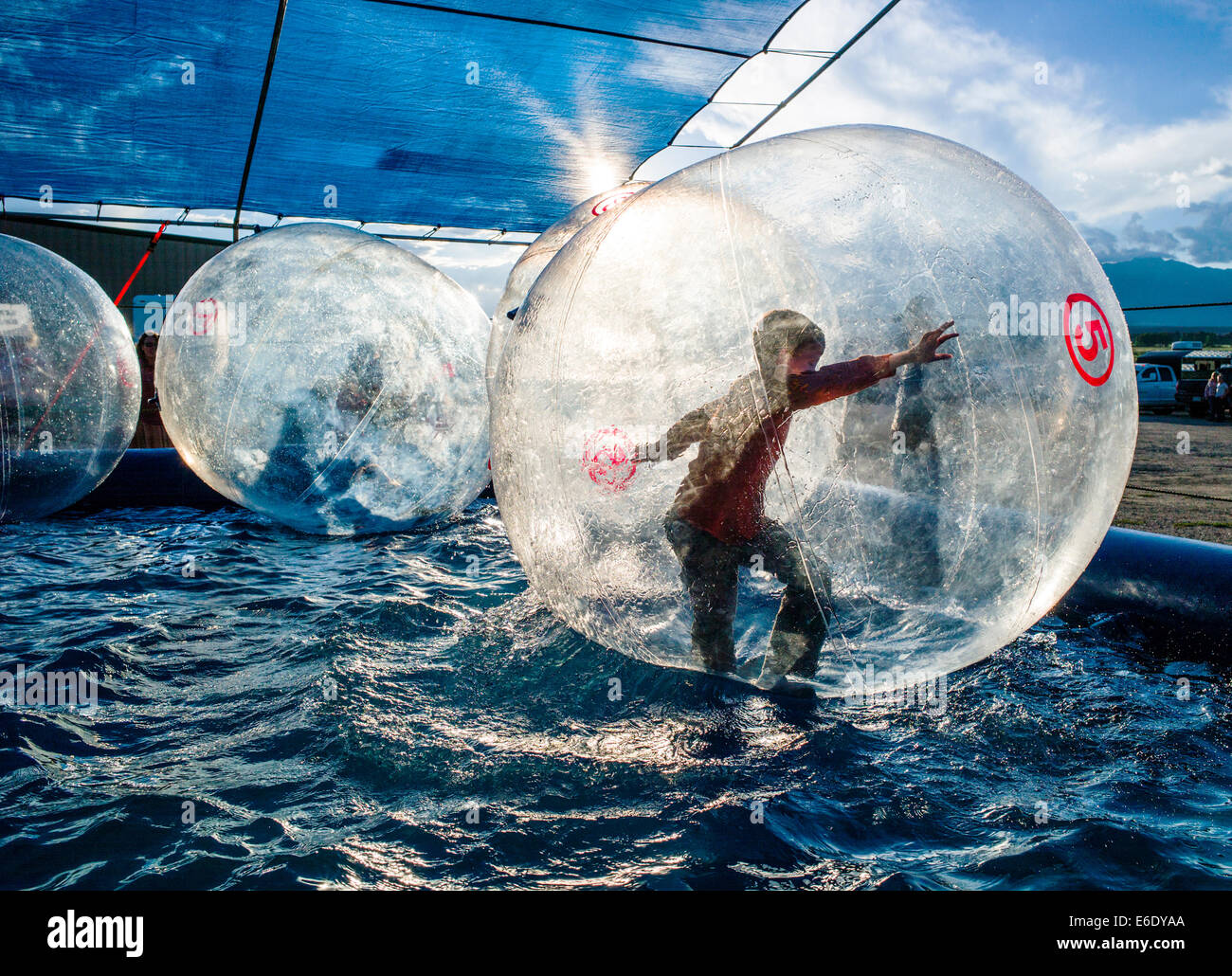 Children play in Water Bubbles, large inflated balls floating in a pool