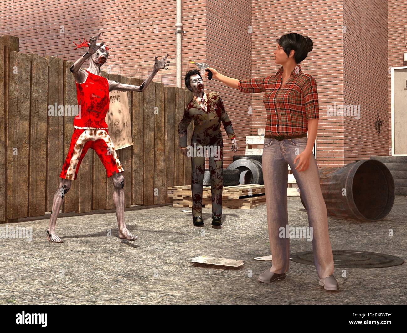 Woman and zombies in blind alley Stock Photo