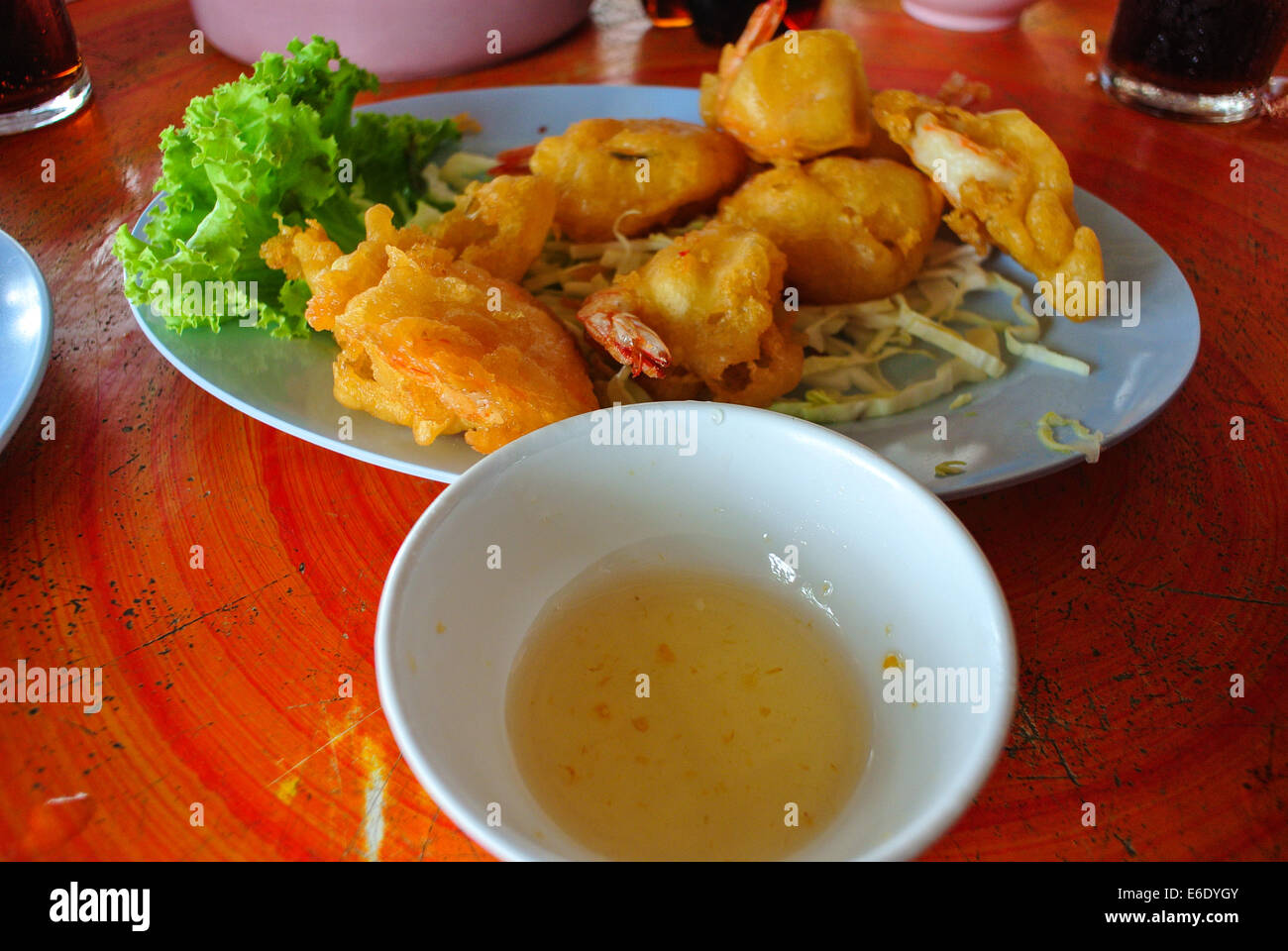 Thai food battered prawns and sweet plum sauce Thailand Stock Photo