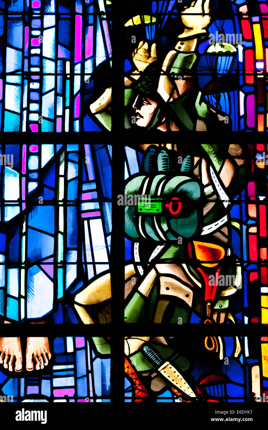 Stained Glass Window In The Church At St Mere Eglise In Normandy France Celebrating Liberation 