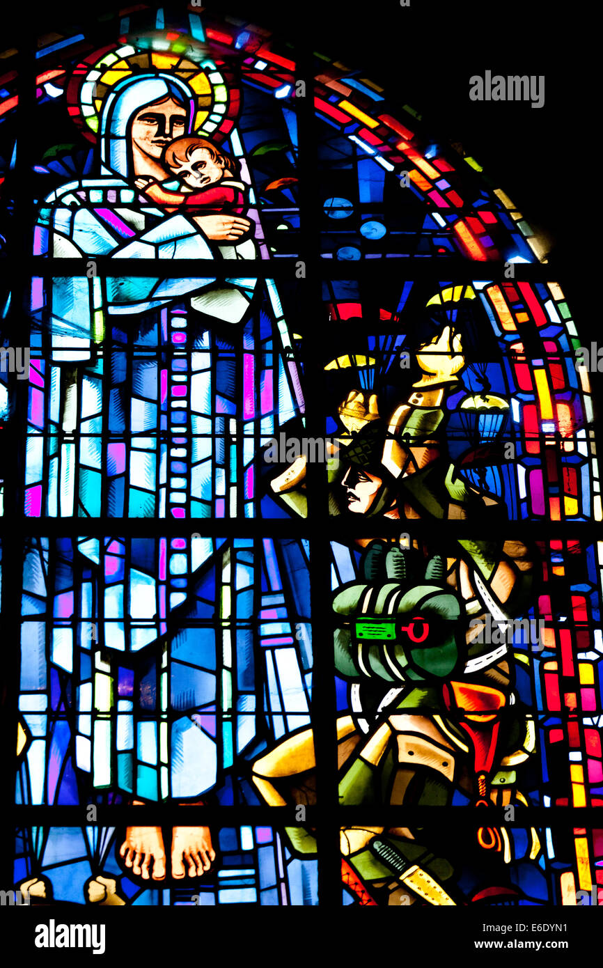 Stained glass window in the church at St Mere Eglise in Normandy