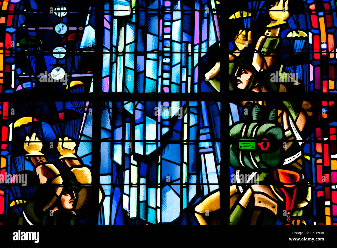 Stained glass window in the church at St Mere Eglise in Normandy