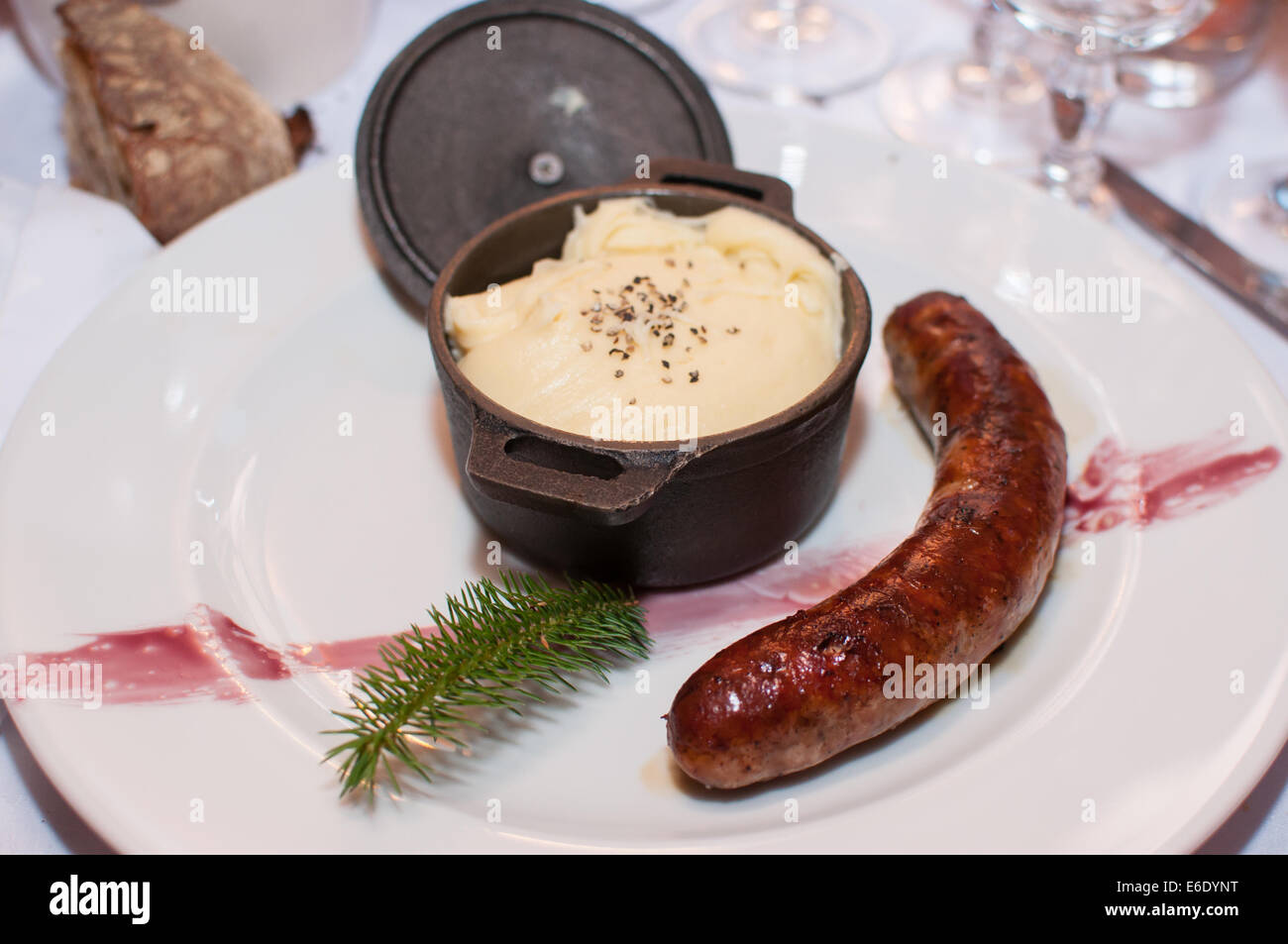 Pork sausage with mashed potatoes Stock Photo