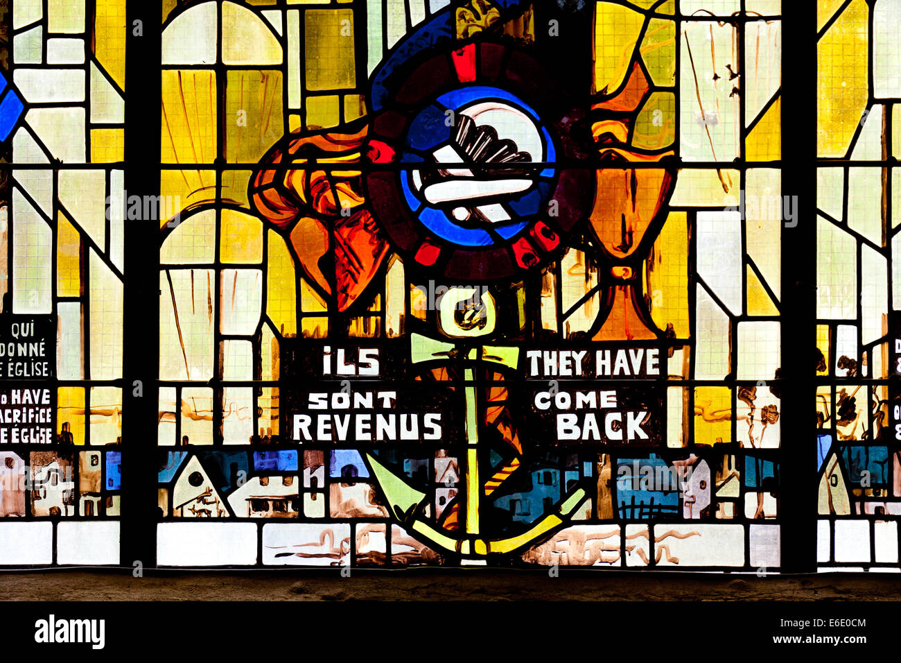 Stained glass window in the church at St Mere Eglise in Normandy