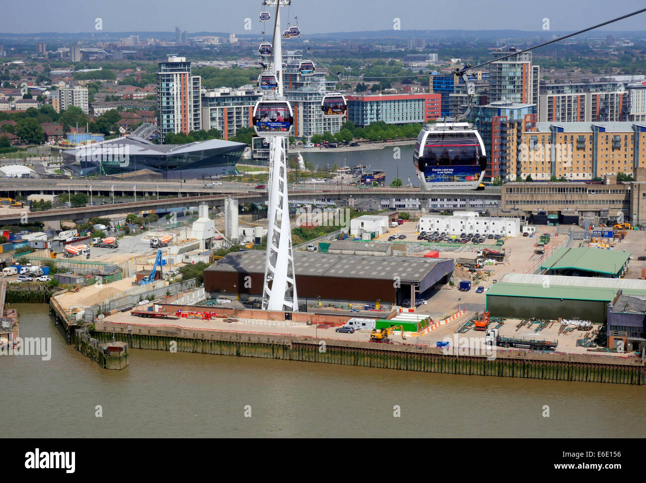 Aerial view of London Docklands from an Emirates Sky Train gondola car Stock Photo
