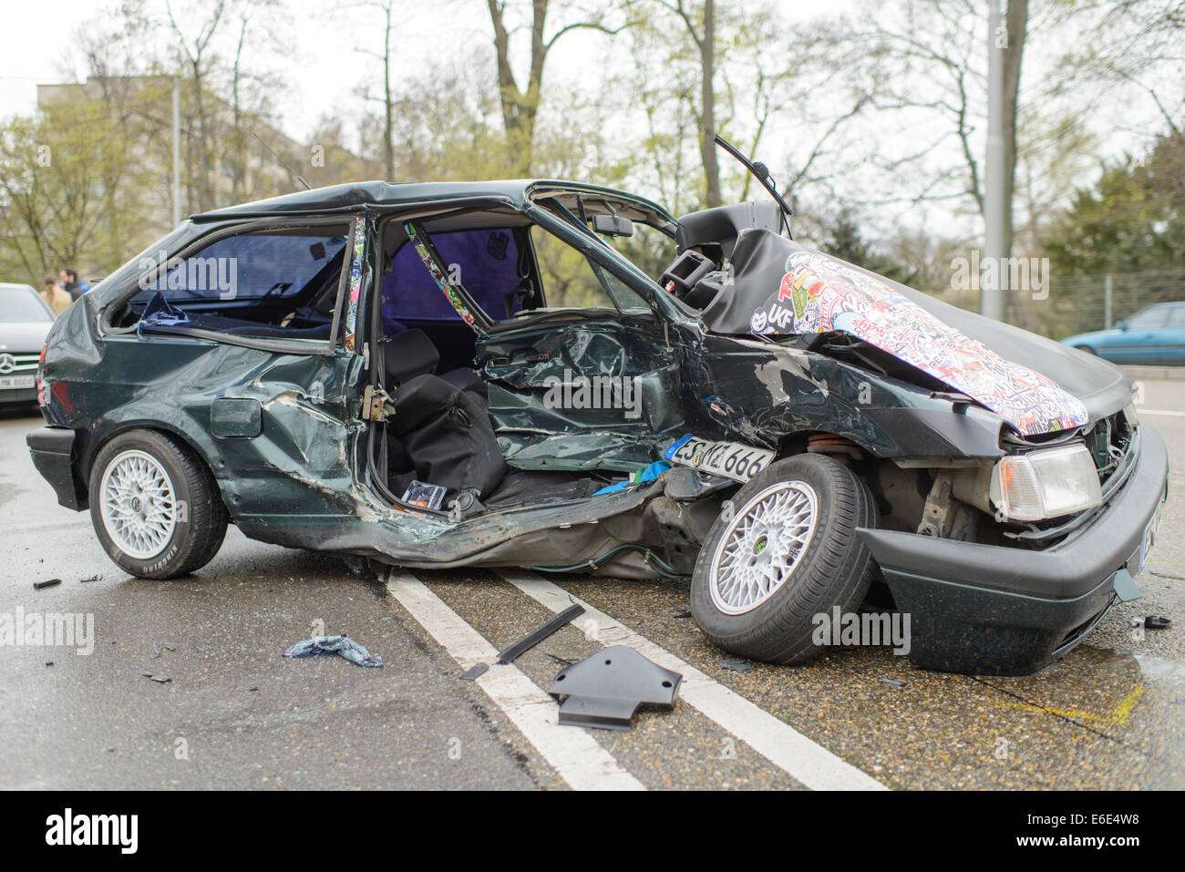 Serious accident, wreck of a VW Polo in the street, B14 road at Neckartor, Stuttgart, Baden