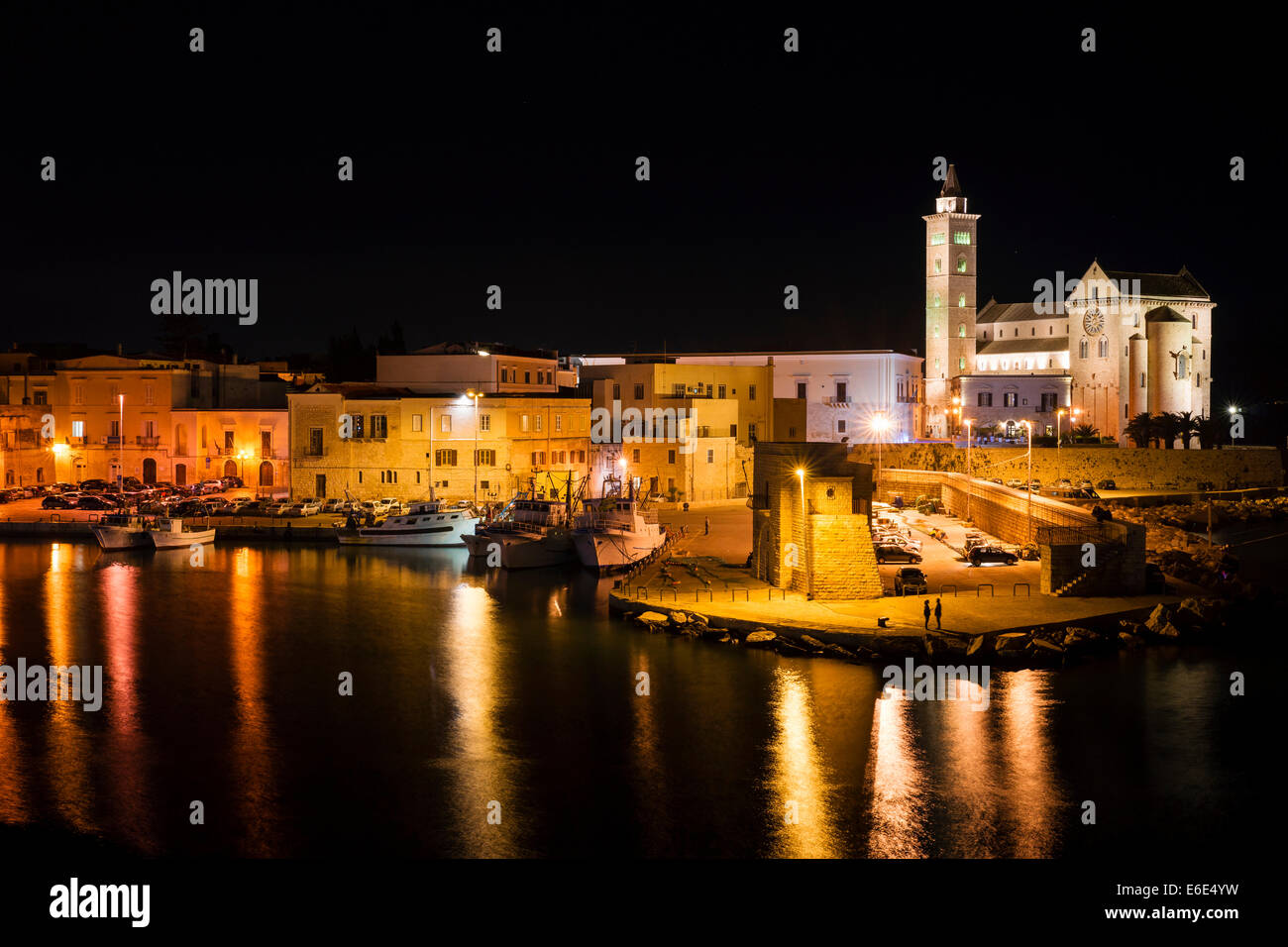 Harbor at night, gothic Trani Cathedral, 11th century, historic centre, Trani, Bari, Apulia province, Italy Stock Photo