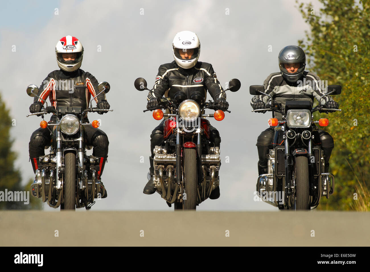 Motorcycles, Benelli 750 Sei, Honda CBX Super Sport, Kawasaki Z1300, in motion Stock Photo