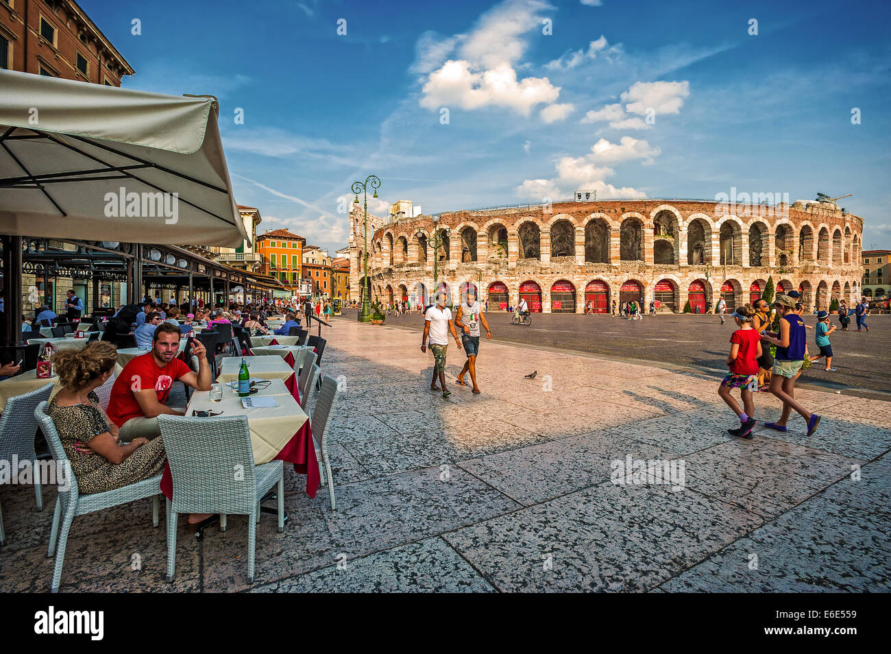 Italy Verona Piazza Bra Roman Arena and the Liston Stock Photo