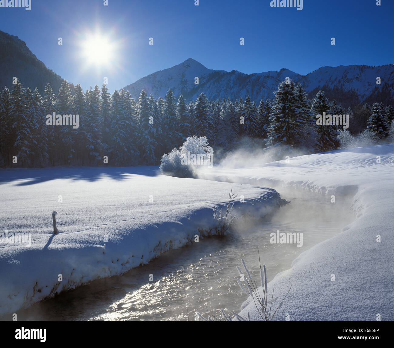 Winter morning at the Aurach river at Fischbachau, Mangfall mountains, Upper Bavaria, Bavaria, Germany Stock Photo