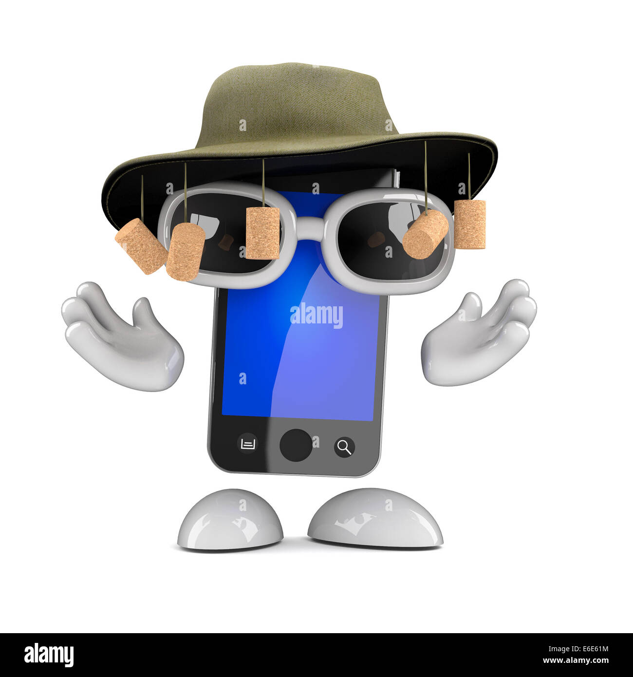 3d render of a smartphone wearing an Australian bush hat with corks Stock Photo