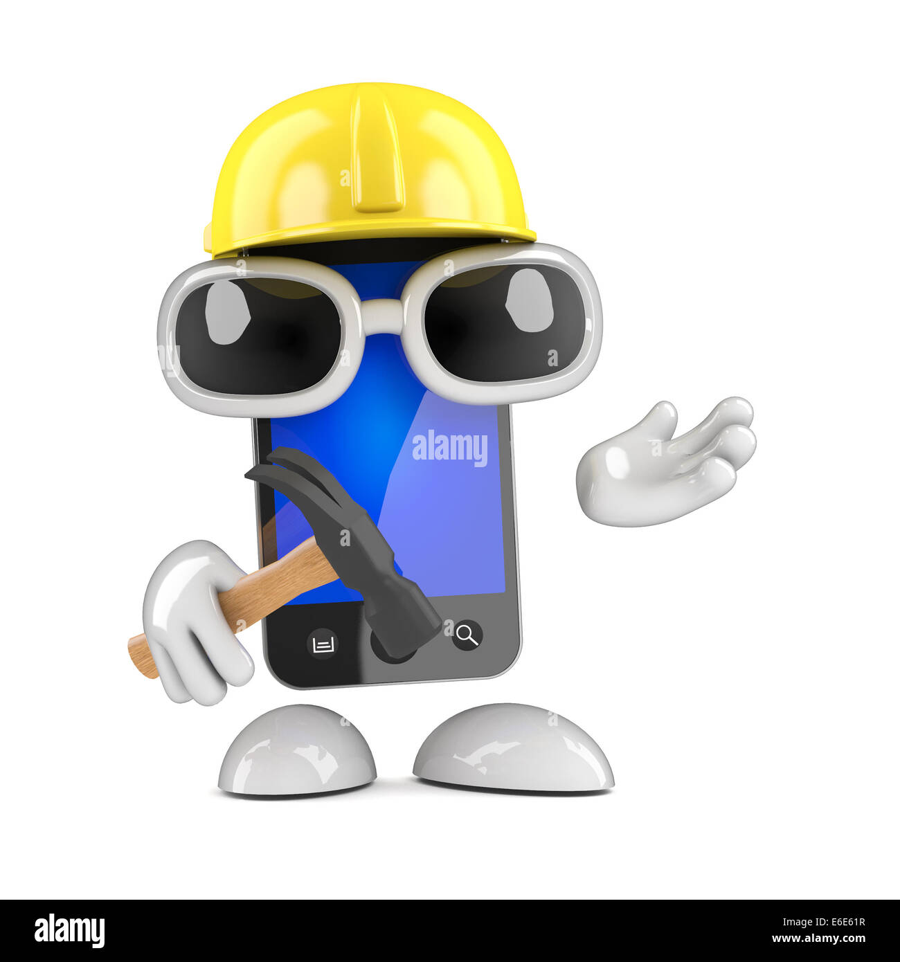3d render of a smartphone wearing a construction workers hat and holding a hammer Stock Photo