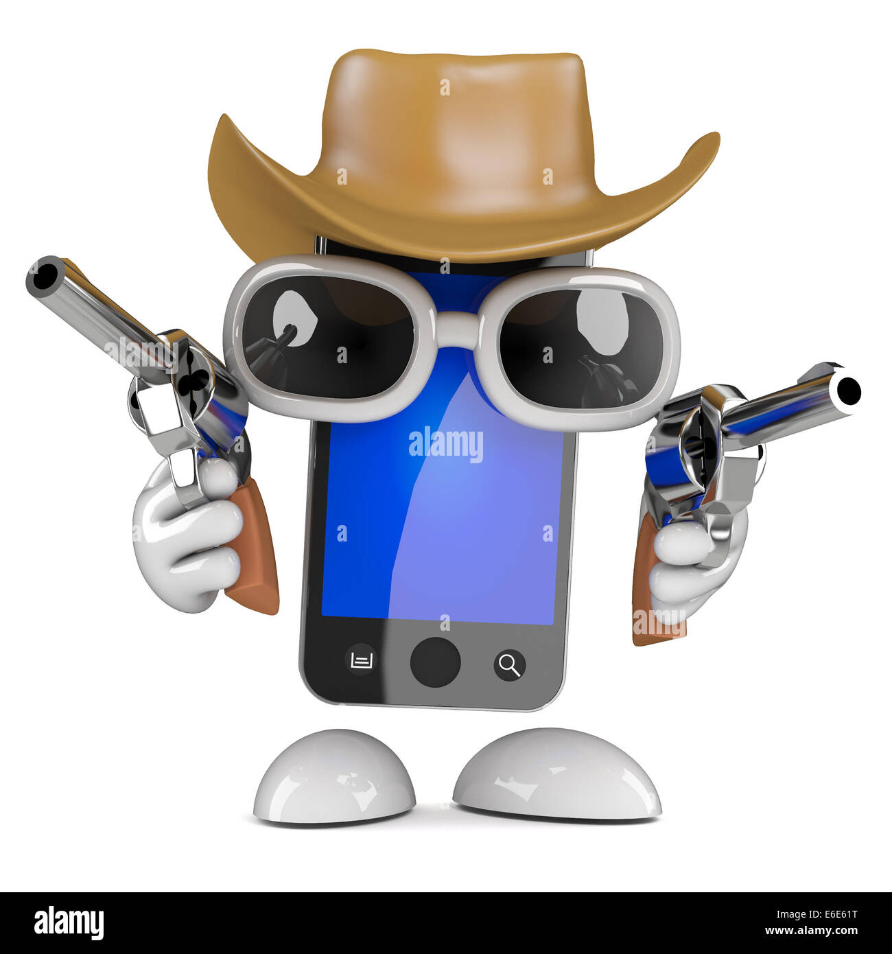 3d render of a smartphone wearing a cowboys hat and shooting pistols Stock Photo