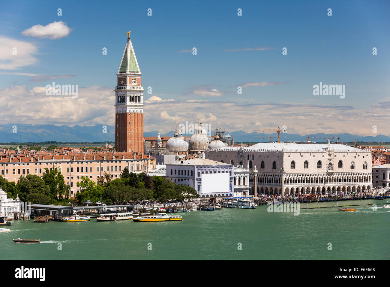 St Marks bell tower and Doges palace seen from the Giudecca canal Stock Photo