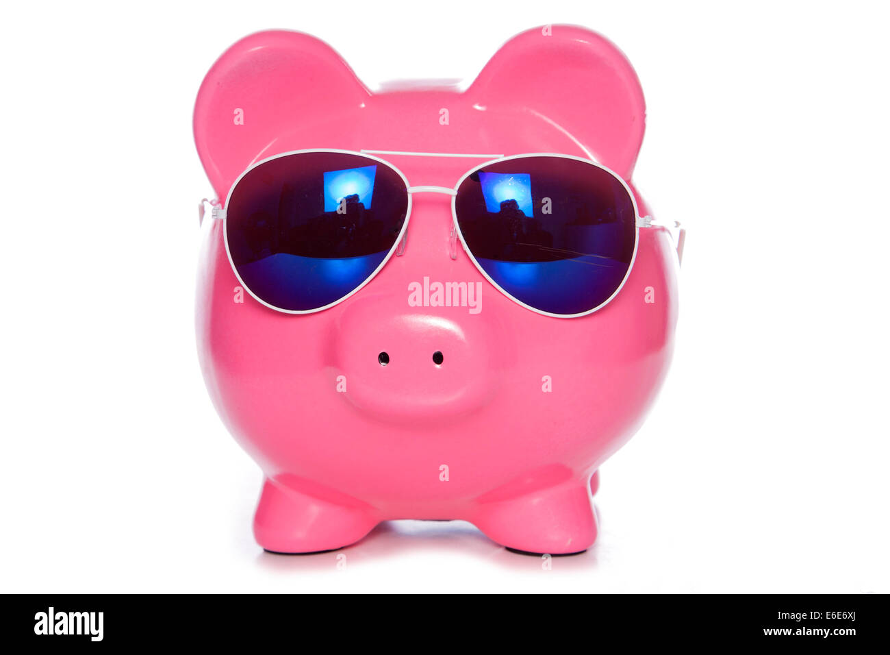 piggy bank with sunglasses studio cutout Stock Photo