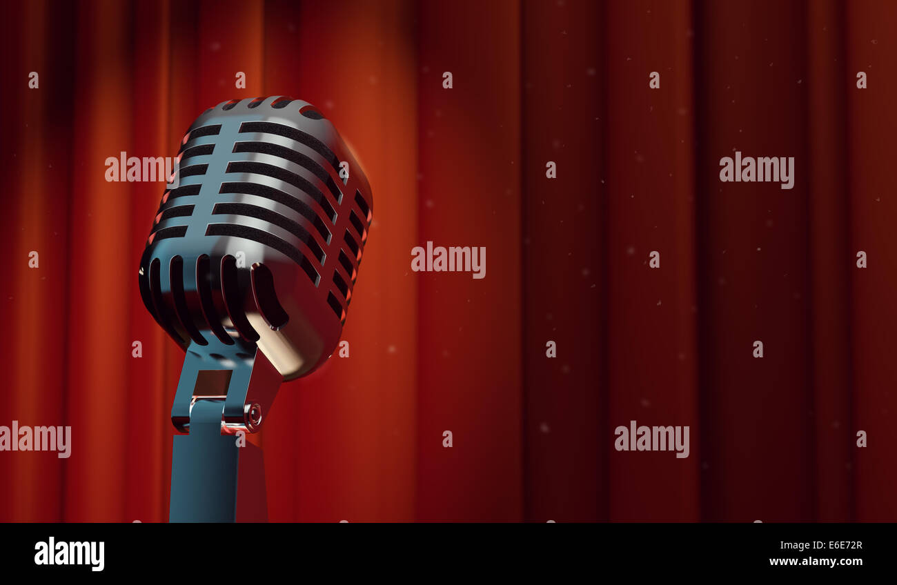 3d retro microphone on red curtain background, with magical particles ...