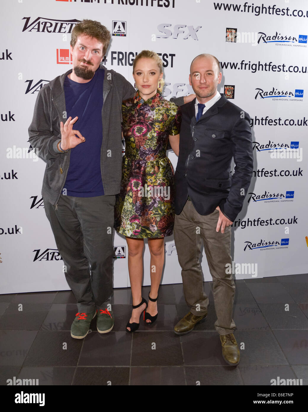 The 15th Film4 Frightfest on 21/08/2014 at The VUE West End, London. Media Wall and Photocall for the opening film The Guest. Attended by the Director (Adam), Writer (Simon) and Actress (Maika). Persons pictured: Adam Wingard, Simon Barratt, Maika Monroe. Picture by Julie Edwards Stock Photo