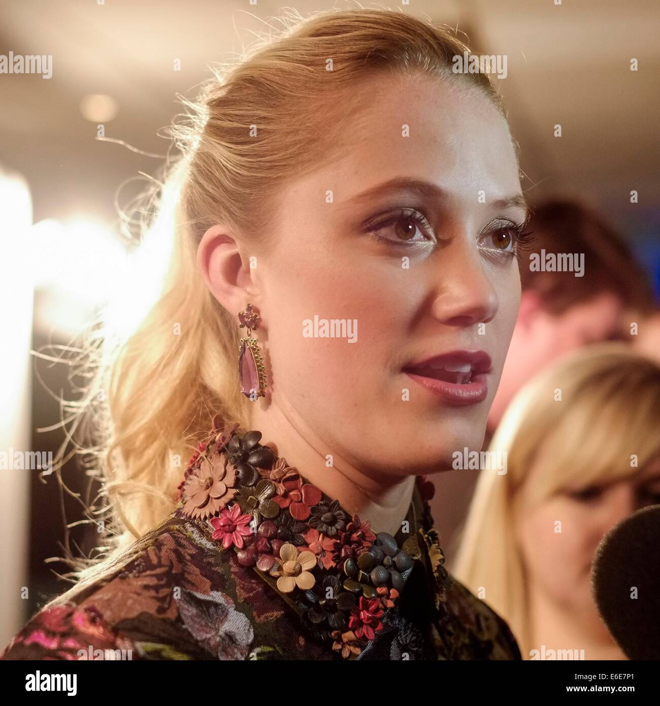 The 15th Film4 Frightfest on 21/08/2014 at The VUE West End, London. Media Wall and Photocall for the opening film The Guest. Attended by the Director (Adam), Writer (Simon) and Actress (Maika). Persons pictured: Maika Monroe. Picture by Julie Edwards Stock Photo