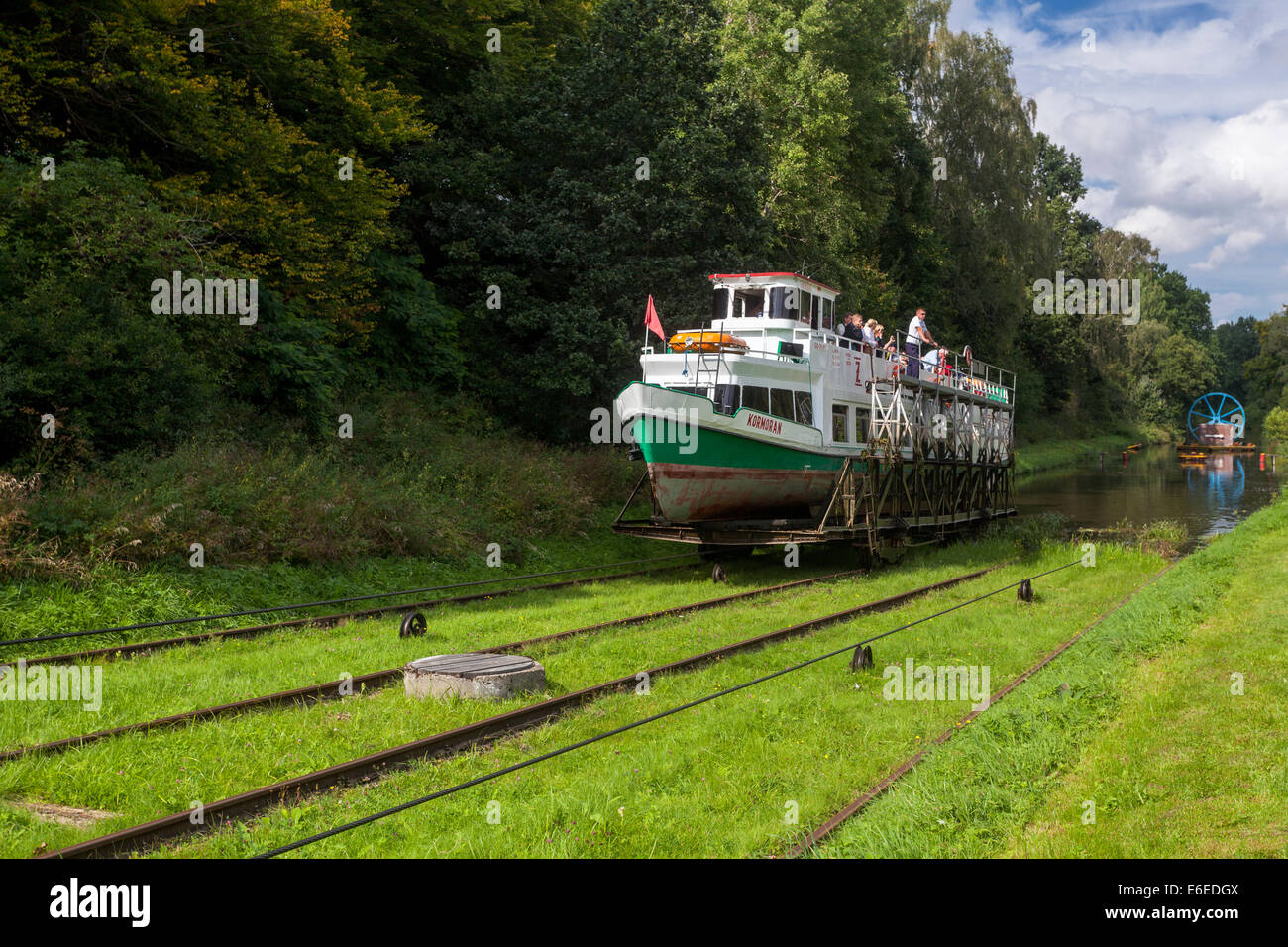 Tourist ship, water ramp Jelenie, Elblaski Canal Poland Stock Photo