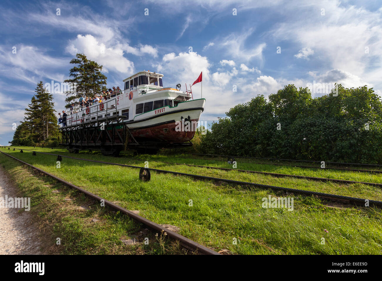 Tourist ship, water ramp Jelenie, Elblaski Canal Poland Stock Photo