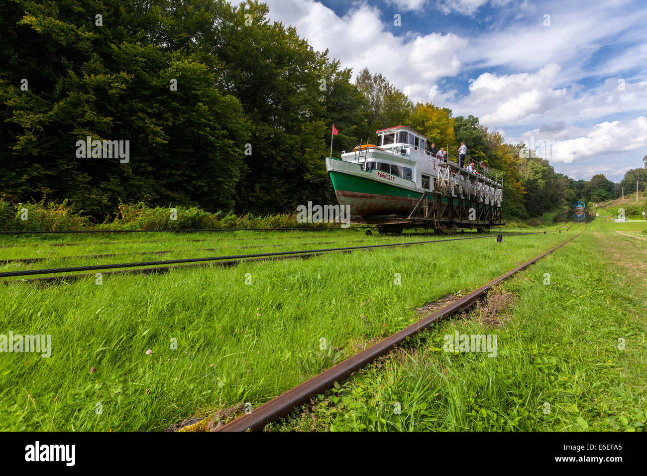 Tourist ship, water ramp Jelenie, Elblaski Canal Poland Stock Photo