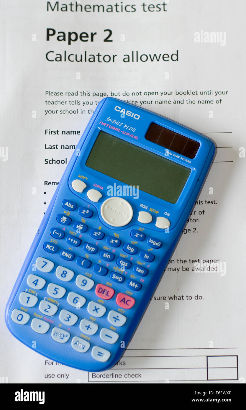 School calculator on a Key Stage 3 Maths SATs paper Stock Photo