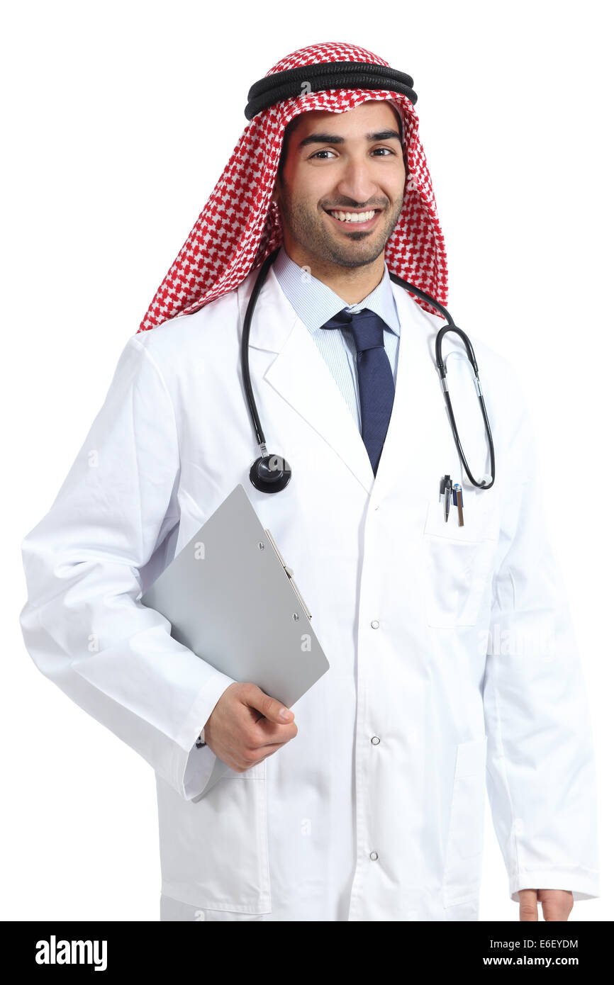 Arab saudi emirates doctor posing holding medical history isolated on a white background Stock Photo