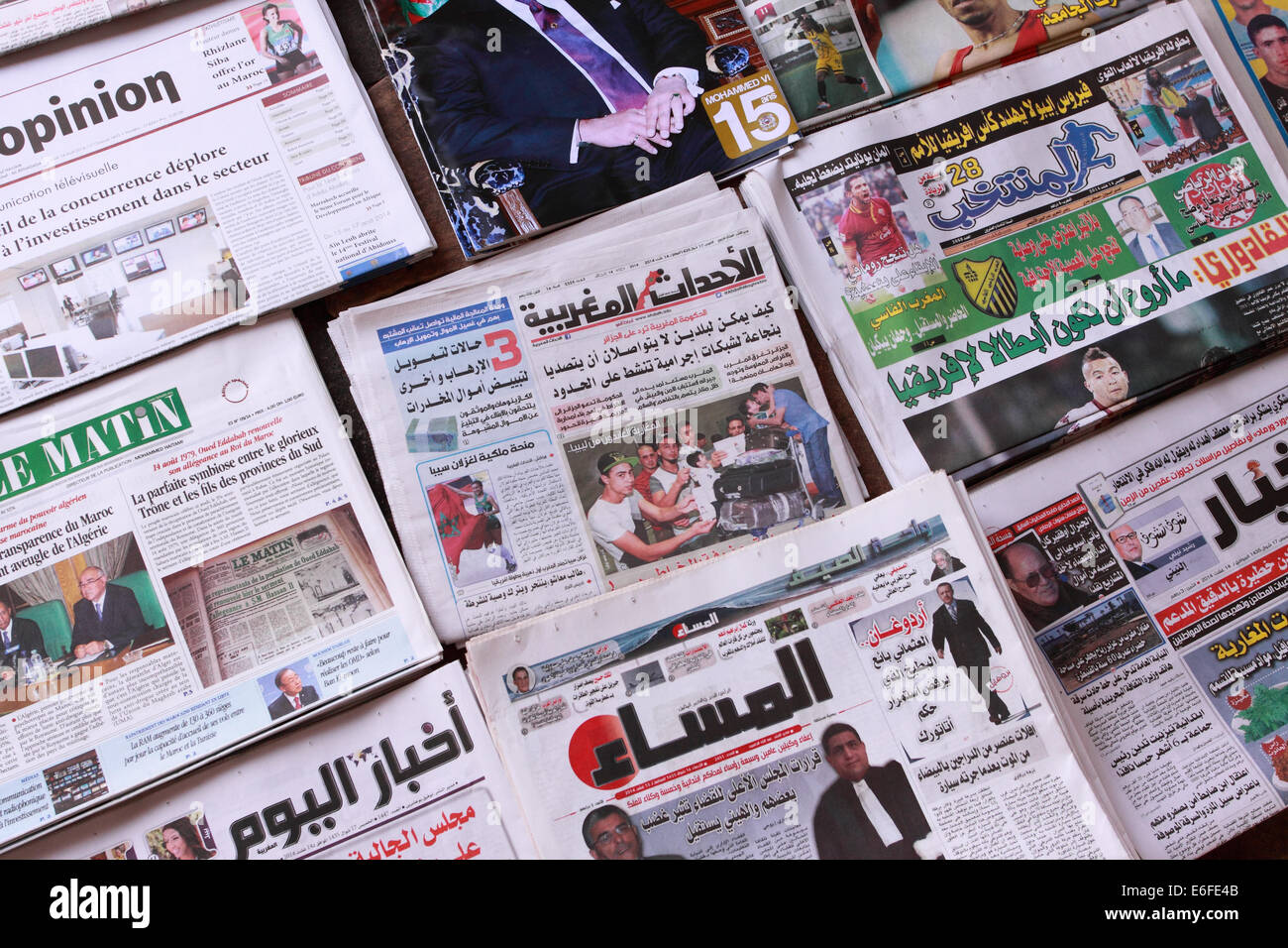 Morocco selection of newspapers for sale in Casablanca both Moroccan and French language Stock Photo