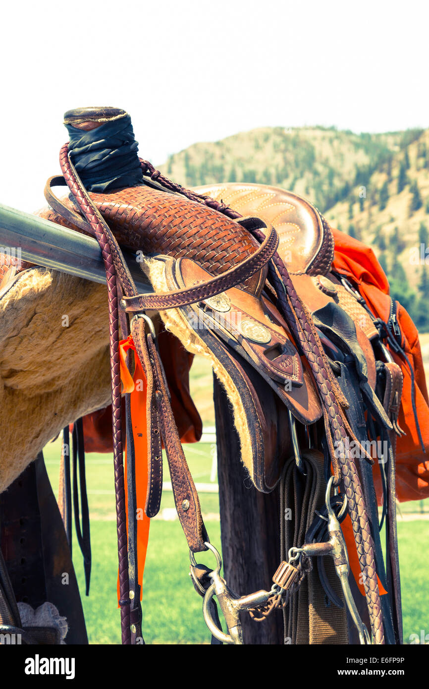 Tooled Leather Saddle on Hitching Post, Montana Stock Photo