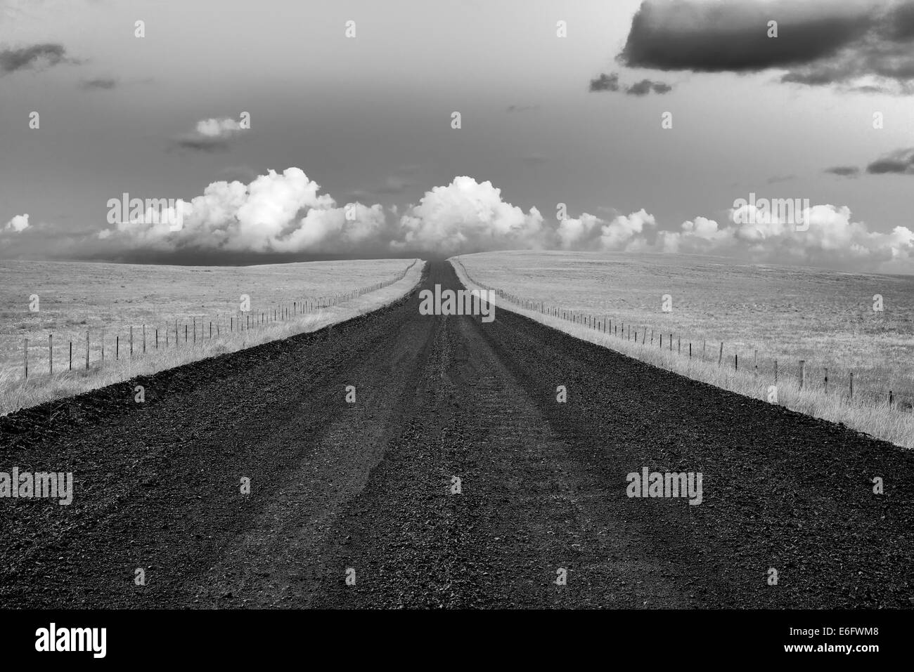 Road in Zumwalt Prarie Preserve with storm clouds, Oregon Stock Photo