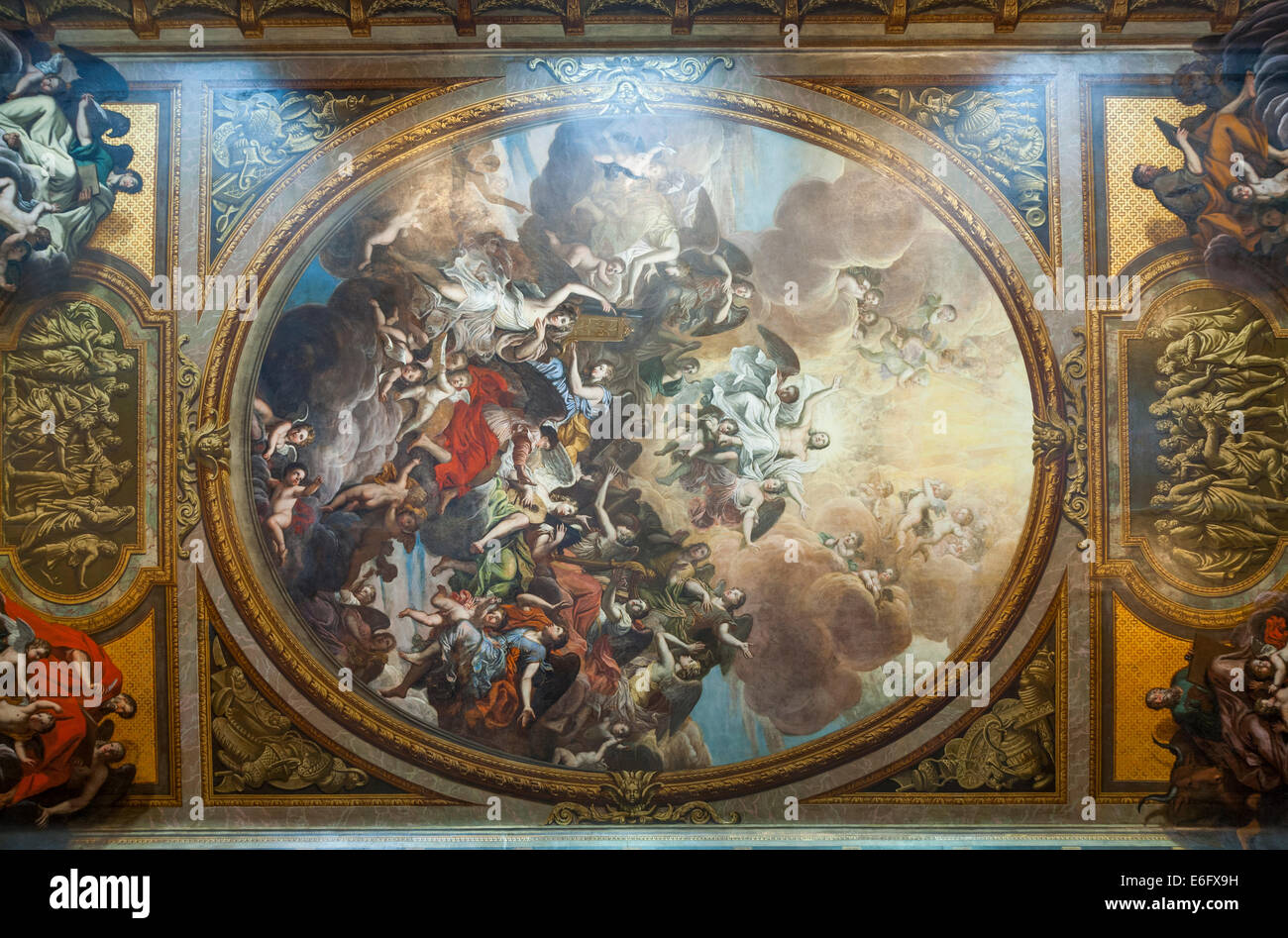 Painted ceiling in Chapel, Chatsworth house, Derbyshire. The ceiling painting depicting Christ in Glory, on his ascension into heaven / Louis Laguerre Stock Photo