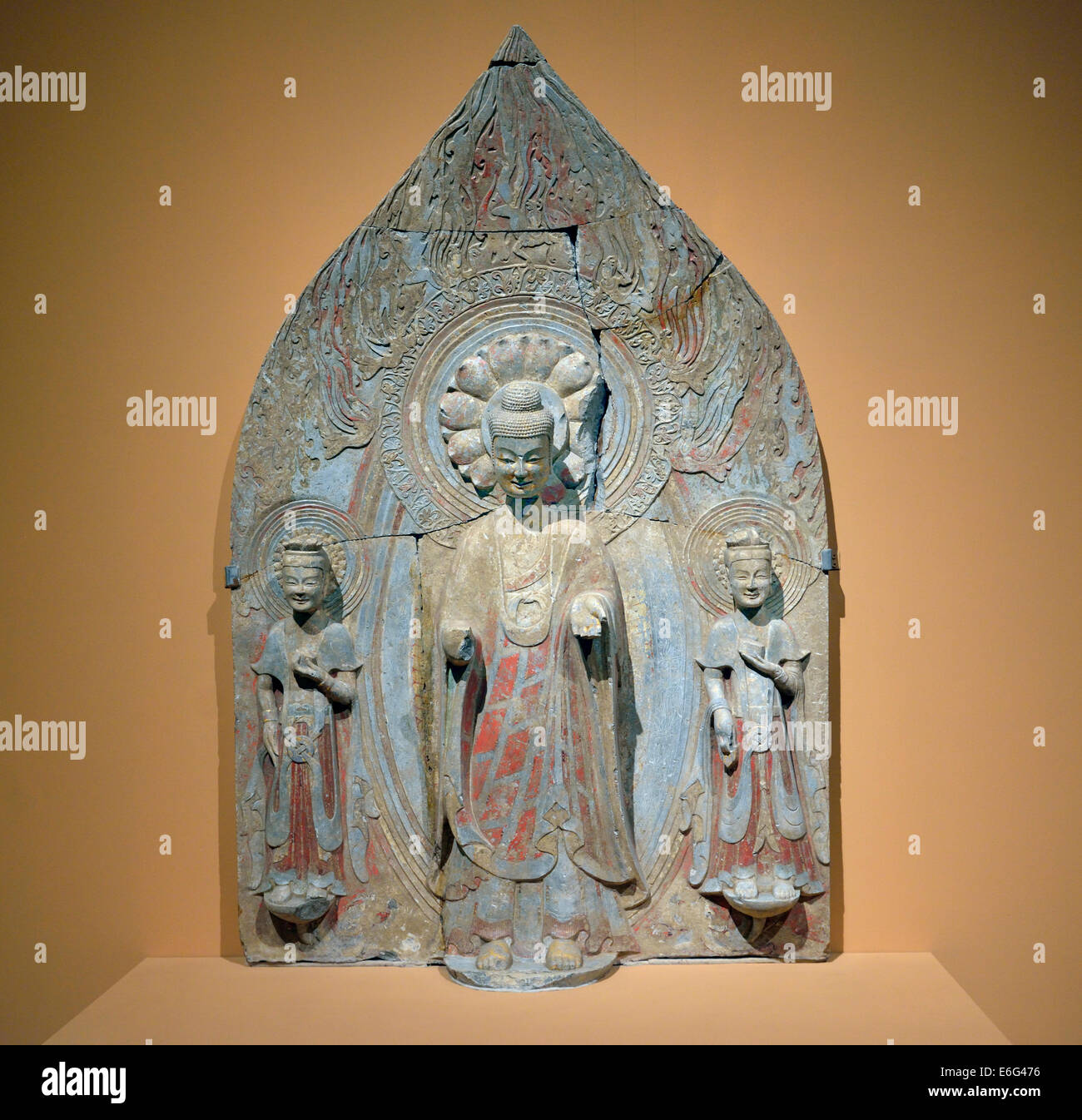 Standing Buddha with Two Bodhisattvas. Unearthed at Qingzhou. Stock Photo