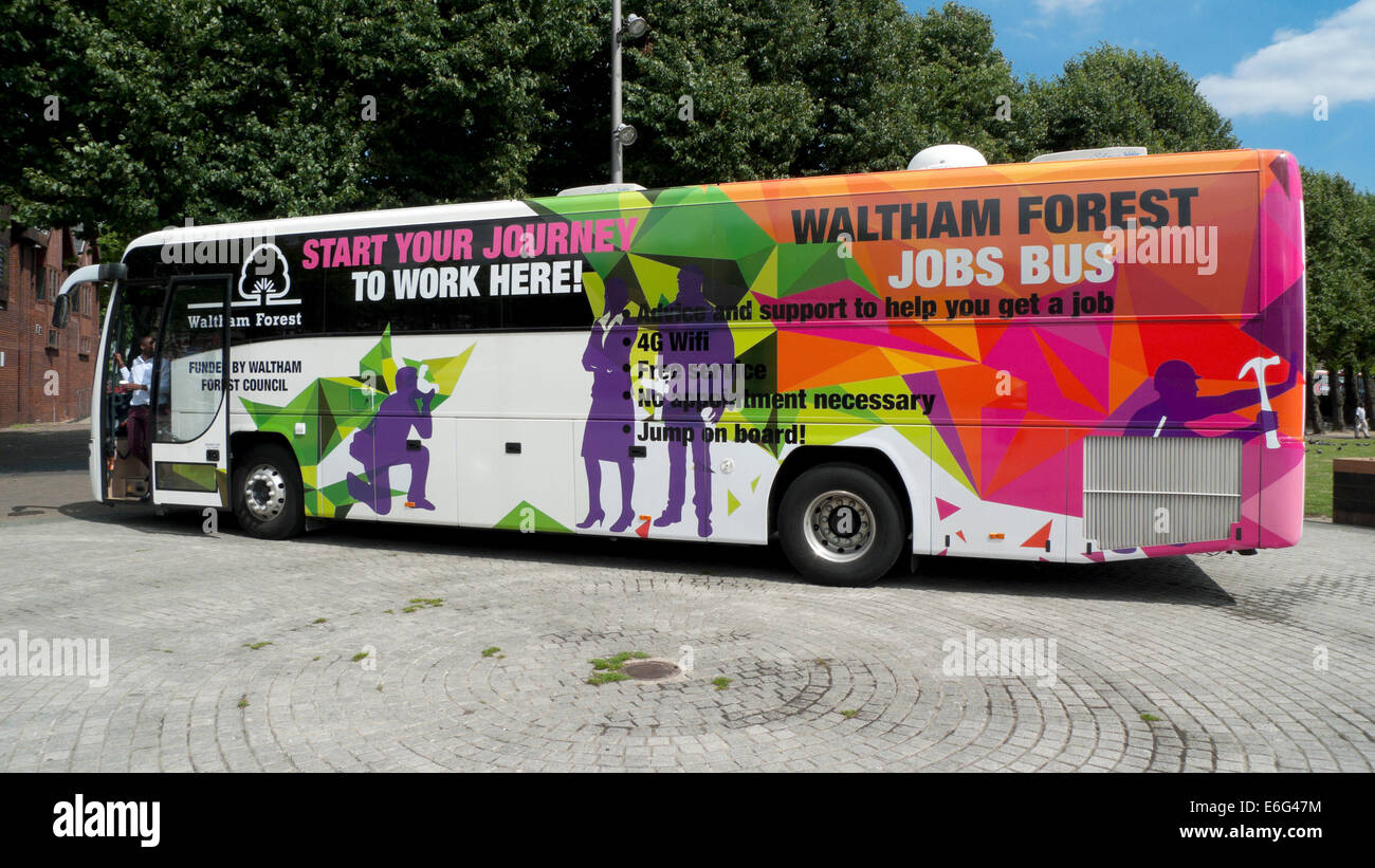 Waltham Forest Jobs Bus parked in Walthamstow High Street, Walthamstow E17 London UK KATHY DEWITT Stock Photo